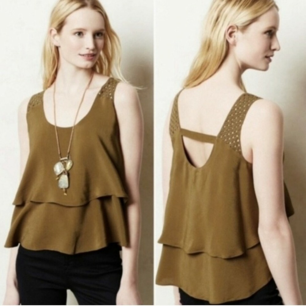 Anthropologie Tiered Tank Top Olive Green Sleeveless Crop Tank Top Crochet Trim